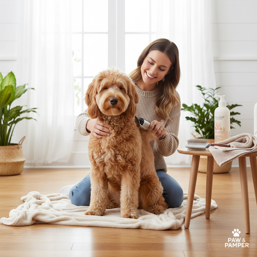 Happy dog being groomed at home with electric clippers kit