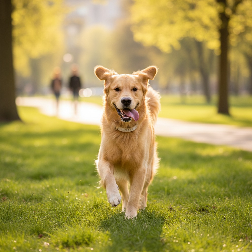 Happy energetic golden retriever running in sunny park