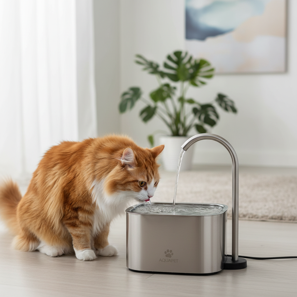Cat drinking from stainless steel smart water fountain
